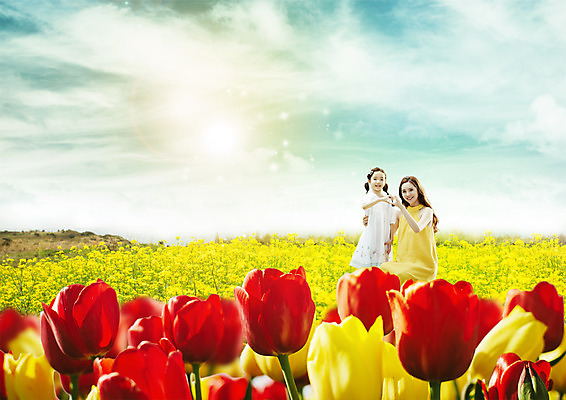PSD 구름 편집 편집이미지 여자 딸 어린이 꽃밭 가족 하늘 엄마 상반신 성인 두명 봄 한국인 튤립 유채 손하트 유채밭 이미지편집 자연요소 계절 꽃 밭 관계 사람 동양인 손짓 파일형식