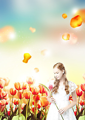 PSD 서양인 편집 편집이미지 여자 꽃잎 꽃 한명 상반신 20대 성인 봄 튤립 낙화 이미지편집 외국인 식물 1 계절 사람 청년 파일형식