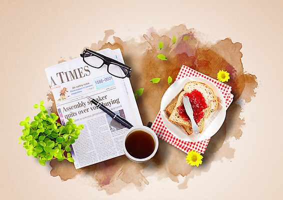 PSD 편집 편집이미지 접시 꽃 화분 안경 커피 사람없음 펜 식탁보 신문 커피잔 식빵 딸기잼 잼나이프 이미지편집 식물 식기 잡화 음료 빵 잔 간행물 필기구 뉴스 나이프 잼 파일형식