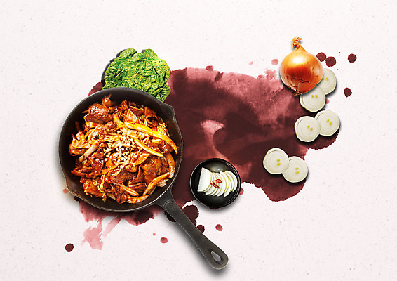 PSD 편집 편집이미지 한식 음식 캘리그라피 양파 육류 사람없음 프라이팬 무 배추 제육볶음 이미지편집 채소 식재료 주방용품 뿌리채소 파일형식