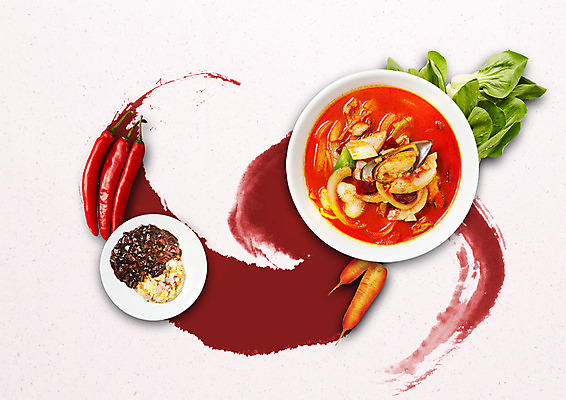 PSD 편집 편집이미지 접시 음식 캘리그라피 사람없음 중식 당근 홍고추 청경채 홍합 짜장밥 이미지편집 식기 채소 고추 밥 어패류 뿌리채소 파일형식