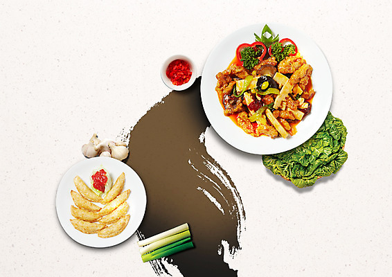 PSD 편집 편집이미지 접시 음식 캘리그라피 마늘 사람없음 중식 배추 대파 군만두 라조기 이미지편집 식기 채소 만두 파 파일형식