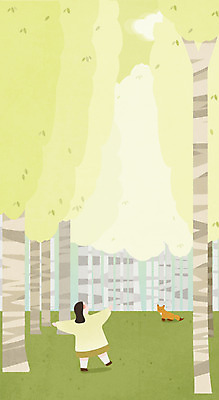 전신 PSD 나무 여자 일러스트 청소년 따뜻함 한명 소녀 잔디 봄 산책 숲 여우 국내일러스트 식물 1 계절 어린이 포유류 휴식 사람 파일형식