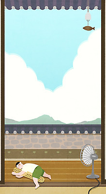 전신 PSD 남자 일러스트 청소년 한옥 한명 여름 눕기 선풍기 더위 낮잠 죽부인 국내일러스트 1 한국전통 계절 고건축 모션 날씨 사람 가전제품 잠 파일형식