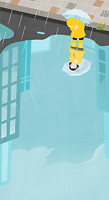 전신 PSD 여자 일러스트 우산 청소년 한명 소녀 여름 반사 도시 비 아스팔트 웅덩이 우비 장마 국내일러스트 자연요소 1 옷 계절 도로 어린이 날씨 사람 비_날씨 파일형식