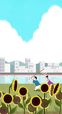 전신 PSD 여자 남자 일러스트 청소년 하늘 해바라기 두명 건물 여름 도시 잠자리 강가 채집망 국내일러스트 건축물 계절 꽃 곤충 사람 강 파일형식