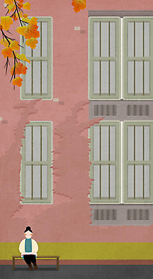 전신 PSD 여자 단풍 벤치 일러스트 창문 청소년 한명 소녀 책 독서 가을 덩굴 국내일러스트 식물 1 계절 어린이 잎 의자 사람 파일형식