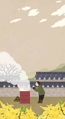 전신 PSD 남자 겨울 일러스트 청소년 한옥 따뜻함 한명 봄 추위 농촌 모닥불 개나리 드럼통 국내일러스트 1 한국전통 계절 꽃 고건축 불 사람 시골 파일형식