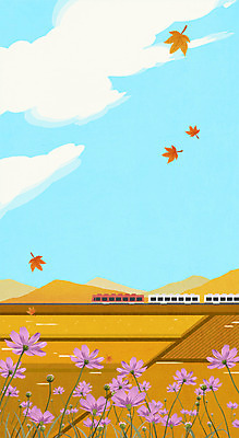 PSD 단풍 일러스트 하늘 사람없음 기차 가을 코스모스 국내일러스트 계절 꽃 육상교통 잎 대중교통 파일형식