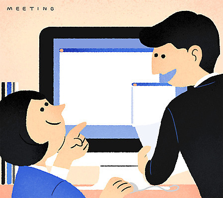 PSD 여자 남자 일러스트 회사 비즈니스 상반신 성인 두명 컴퓨터 작업 직장인 확인 국내일러스트 직업 사람 전자제품 파일형식