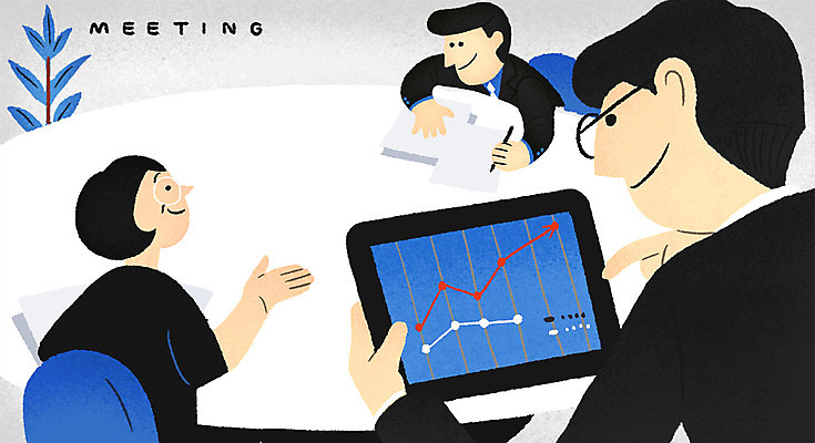 PSD 여자 남자 일러스트 회사 비즈니스 회의 그래프 상반신 성인 세명 태블릿 직장인 회의실 국내일러스트 직업 사람 전자제품 스마트기기 파일형식