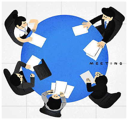 PSD 여자 남자 일러스트 회사 비즈니스 회의 상반신 성인 노트북 직장인 책상 회의실 문서 원탁 국내일러스트 직업 가구 탁자 사람 전자제품 파일형식