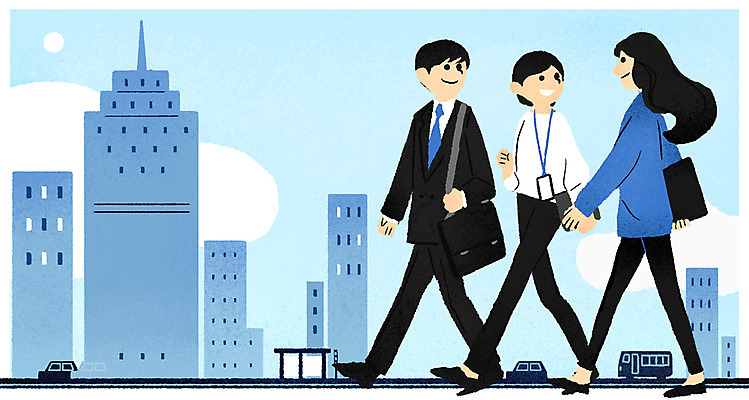 전신 PSD 여자 남자 일러스트 회사 비즈니스 빌딩 성인 건물 세명 직장인 출근 국내일러스트 직업 건축물 사람 출퇴근 파일형식