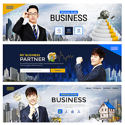 PSD 템플릿 배너 남자 웹템플릿 주택 정장 빌딩 20대 성인 세명 한국인 도시 비즈니스맨 이벤트배너 웹배너 성인남자만 이미지템플릿 옷 비즈니스 사람 동양인 청년 건물 직장인 남자만 성인만 파일형식