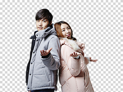 편집이미지 커플 여자 남자 겨울 웃음 손짓 상반신 20대 두명 옆모습 한국인 등맞대기 패딩 PNG 편집소스 계절 뷰포인트 관계 모션 표정 사람 동양인 청년 점퍼 파일형식