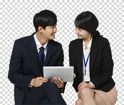 편집이미지 여자 남자 웃음 들기 앉기 정장 상반신 20대 성인 두명 앞모습 태블릿 마주보기 한국인 다리꼬기 비즈니스맨 비즈니스우먼 PNG 사원증 편집소스 옷 뷰포인트 비즈니스 모션 표정 사람 동양인 청년 전자제품 스마트기기 직장인 파일형식