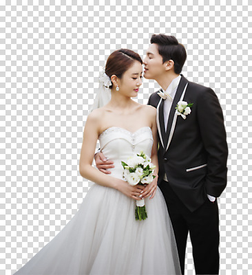 편집이미지 여자 남자 행복 신부 부케 웨딩드레스 신랑 결혼 서기 들기 상반신 성인 두명 앞모습 30대 한국인 PNG 편집소스 드레스 감정 뷰포인트 꽃다발 모션 사람 동양인 이벤트 장년 파일형식