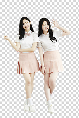 전신 편집이미지 여자 포즈 서기 웃음 손짓 20대 성인 두명 앞모습 친구 청춘 우정 한국인 손인사 PNG 뷰티라이프 성인여자만 트윈룩 편집소스 라이프스타일 옷 뷰포인트 컨셉 관계 모션 표정 사람 동양인 청년 인사 여자만 성인만 파일형식