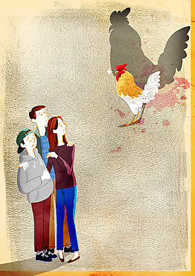 전신 PSD 응시 여자 남자 일러스트 그림자 성인 세명 닭 무서움 사회이슈 경계 조류독감 국내일러스트 시선 감정 컨셉 조류 사람 전염병 파일형식