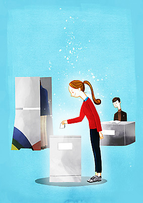 전신 PSD 여자 남자 일러스트 서기 앉기 상반신 성인 세명 투표 선거 사회이슈 투표함 유권자 국내일러스트 컨셉 모션 사람 민주주의 파일형식