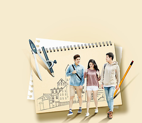 전신 PSD 편집이미지 여자 남자 대학생 20대 성인 앞모습 세명 친구 연필 걷기 한국인 스케치북 입학 신입생 컴파스 성인만 이미지편집 학생 교육 뷰포인트 관계 모션 문구용품 학용품 사람 동양인 청년 필기구 파일형식