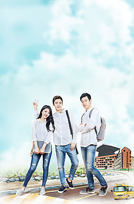 전신 PSD 편집이미지 여자 남자 서기 20대 성인 앞모습 세명 한국인 스쿨버스 입학 대학교 신입생 성인만 이미지편집 학생 교육 뷰포인트 학교 모션 버스 사람 동양인 청년 파일형식