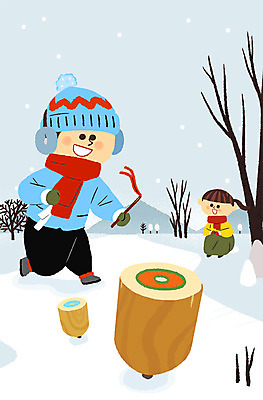 전신 PSD 여자 남자 어린이 겨울 일러스트 두명 전통놀이 한복 빙판 팽이 팽이치기 겨울방학 국내일러스트 한국전통 전통 계절 놀이 방학 사람 놀이용품 전통의상 파일형식