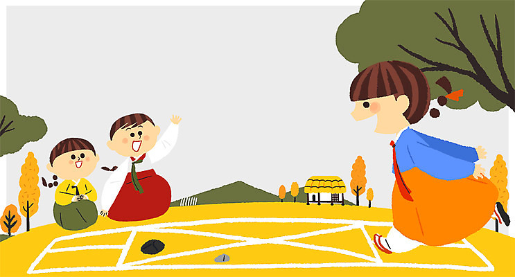 전신 PSD 여자 어린이 일러스트 응원 세명 전통놀이 돌_바위 한복 사방치기 국내일러스트 한국전통 전통 놀이 사람 전통의상 파일형식