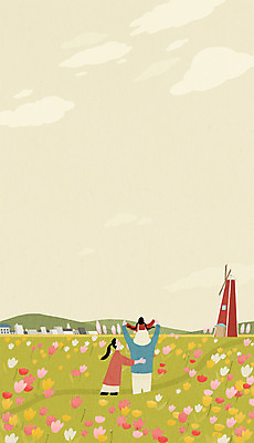 PSD 여자 남자 꽃 어린이 꽃밭 일러스트 가족 상반신 성인 세명 축제 봄 산책 풍차 튤립 벚꽃 도시 목말 국내일러스트 식물 계절 관계 모션 휴식 사람 파일형식