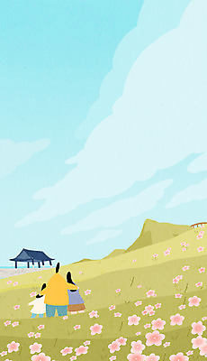 PSD 여자 남자 꽃 어린이 꽃밭 일러스트 가족 어깨동무 산 상반신 성인 세명 축제 봄 정자 철쭉 국내일러스트 식물 건축물 계절 포즈 관계 사람 파일형식