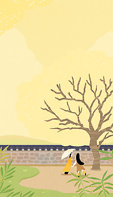 전신 PSD 나무 여자 딸 일러스트 모녀 엄마 한옥 성인 두명 담장 축제 봄 풀잎 양산 산수유 국내일러스트 식물 한국전통 계절 꽃 고건축 잎 가족 사람 풀_식물 파일형식