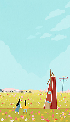 전신 PSD 여자 꽃 꽃밭 일러스트 성인 두명 축제 봄 산책 풍차 튤립 벚꽃 도시 국내일러스트 식물 계절 휴식 사람 파일형식