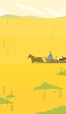 전신 PSD 여자 남자 어린이 꽃밭 일러스트 성인 세명 축제 봄 산책 말_동물 유채 마차 국내일러스트 계절 꽃 교통수단 포유류 휴식 사람 파일형식