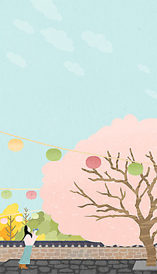 전신 PSD 여자 일러스트 산 한옥 한명 성인 담장 축제 봄 벚꽃 등불 벚꽃축제 국내일러스트 1 한국전통 계절 꽃 고건축 조명 사람 꽃축제 파일형식