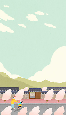 전신 PSD 여자 남자 일러스트 가족 산 한옥 성인 두명 담장 축제 봄 가로수 매화 매화축제 부녀 국내일러스트 한국전통 계절 꽃 딸 고건축 관계 사람 아빠 꽃축제 파일형식