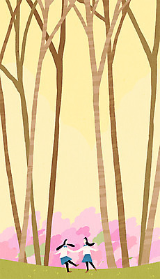 전신 PSD 나무 여자 교복 일러스트 청소년 두명 10대 축제 봄 산책 벚꽃 진달래 철쭉 담소 국내일러스트 식물 옷 계절 꽃 휴식 사람 파일형식