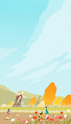 전신 PSD 나무 여자 남자 어린이 일러스트 가족 가족여행 여러명 성인 축제 봄 목장 풍차 튤립 산수유 국내일러스트 식물 계절 꽃 여행 다수 관계 사람 파일형식