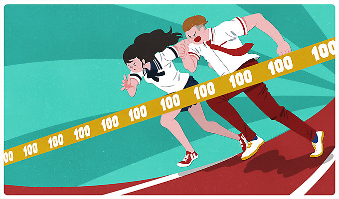 전신 PSD 학생 여자 남자 교복 스포츠 일러스트 청소년 경기 두명 10대 달리기 경쟁 시험 육상스포츠 성적 만점 100점 국내일러스트 옷 교육 컨셉 모션 사람 점수 파일형식