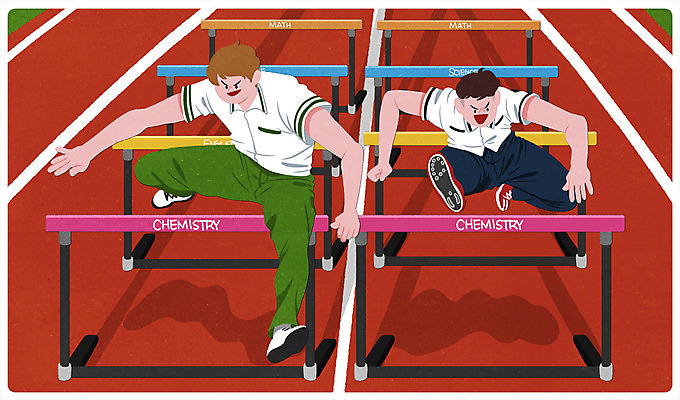 전신 PSD 학생 남자 교복 스포츠 일러스트 교과목 청소년 두명 10대 경쟁 시험 허들 육상스포츠 성적 만점 100점 국내일러스트 옷 교육 컨셉 사람 장애물 점수 파일형식