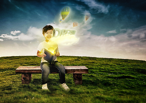 JPG 주간 전신 편집이미지 남자 어린이 벤치 상상 동화 한명 앉기 초원 야외 앞모습 그래픽 책 독서 꿈 한국인 열기구 디지털합성 홀로그램 디지털아트 소년한명만 편집실사 자연요소 1 뷰포인트 의자 항공교통 모션 사람 동양인 CG 남자한명만 소년만 파일형식