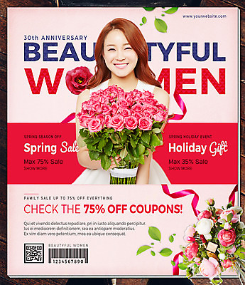 PSD 템플릿 여자 꽃다발 웹템플릿 이벤트페이지 웃음 들기 이벤트 상반신 20대 성인 뷰티 한국인 바코드 QR코드 의료성형뷰티 성인여자한명만 이미지템플릿 꽃 모션 표정 사람 동양인 청년 페이지 여자한명만 성인여자만 파일형식