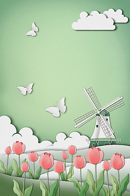 PSD 구름 사계절 나비 백그라운드 일러스트 상상 날씨 사람없음 봄 풍차 튤립 페이퍼아트 봄배경 국내일러스트 자연요소 계절 꽃 곤충 파일형식