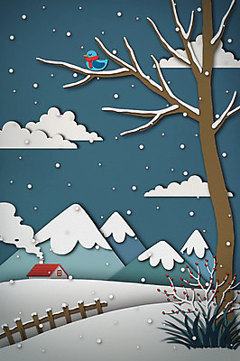 PSD 나무 구름 사계절 백그라운드 겨울 일러스트 상상 조류 산 주택 사람없음 울타리 설원 방 눈 페이퍼아트 덩굴 겨울배경 국내일러스트 자연요소 식물 동물 계절 날씨 눈_날씨 건물 담장 파일형식
