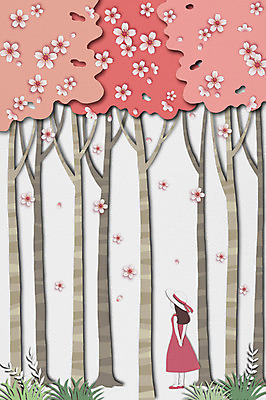 PSD 사계절 여자 백그라운드 일러스트 상상 날씨 한명 성인 봄 벚꽃 페이퍼아트 덩굴 숲 봄배경 국내일러스트 식물 1 계절 꽃 사람 파일형식