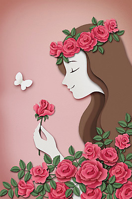 PSD 사계절 여자 나비 백그라운드 일러스트 상상 날씨 한명 성인 여름 장미 페이퍼아트 국내일러스트 1 계절 꽃 곤충 사람 파일형식