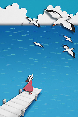 전신 PSD 구름 사계절 여자 바다 백그라운드 일러스트 상상 갈매기 날씨 한명 성인 다리 페이퍼아트 국내일러스트 자연요소 1 계절 조류 사람 신체부위 파일형식