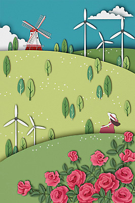 PSD 나무 구름 사계절 여자 백그라운드 일러스트 상상 날씨 한명 성인 여름 장미 풍차 페이퍼아트 국내일러스트 자연요소 식물 1 계절 꽃 사람 파일형식