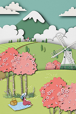 전신 PSD 구름 사계절 여자 백그라운드 밭 일러스트 상상 날씨 산 한명 성인 소풍 봄 풍차 벚꽃 페이퍼아트 벚나무 돗자리 봄배경 국내일러스트 자연요소 나무 1 계절 꽃 농업 사람 야외활동 파일형식