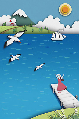 PSD 나무 구름 사계절 여자 바다 백그라운드 일러스트 상상 갈매기 날씨 산 주택 한명 성인 여름 태양 다리 페이퍼아트 선박 여름배경 국내일러스트 자연요소 식물 1 계절 수상교통 조류 사람 건물 신체부위 파일형식