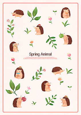 PSD 패턴 여러마리 일러스트 사람없음 봄 고슴도치 국내일러스트 계절 다수 무늬 포유류 파일형식